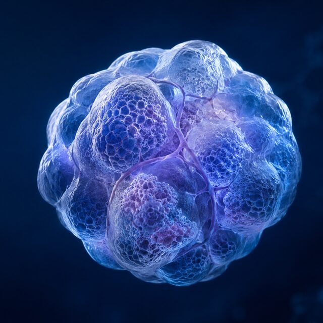 Rendering of a dense, multi-lobed spherical cell cluster lit from within against a dark field.